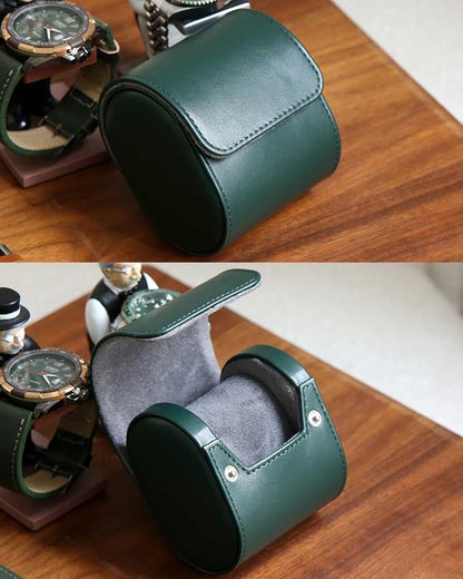 Travel Case, Premium Leather Single Watch Case, Variable Size Pillow Design, Portable Storage Box for Men and Women, Green Roll Organizer With Faux Suede Fabric Lining