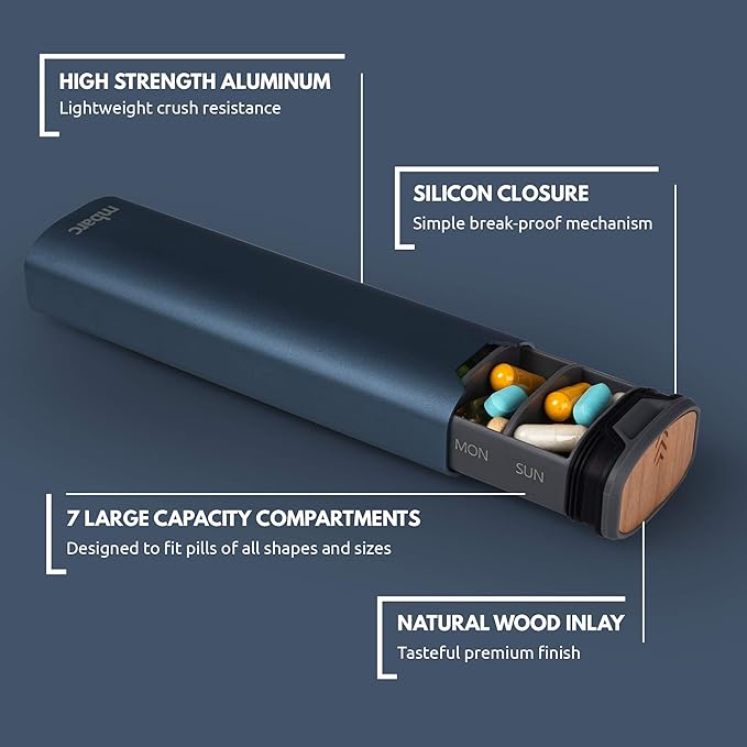 7 Day Weekly Pill Organizer by mbarc - Premium Stylish Aluminum and Wood Large Capacity Pill Box for Supplements, Pills, Vitamins and Medicine.