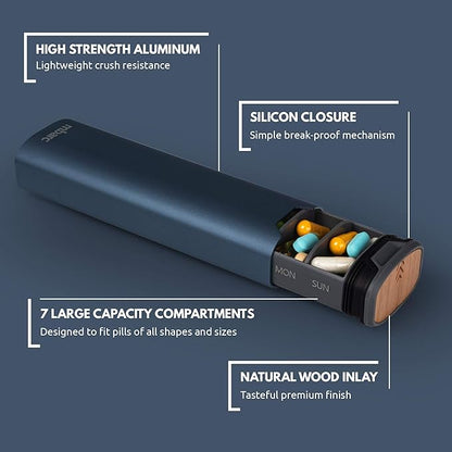 7 Day Weekly Pill Organizer by mbarc - Premium Stylish Aluminum and Wood Large Capacity Pill Box for Supplements, Pills, Vitamins and Medicine.