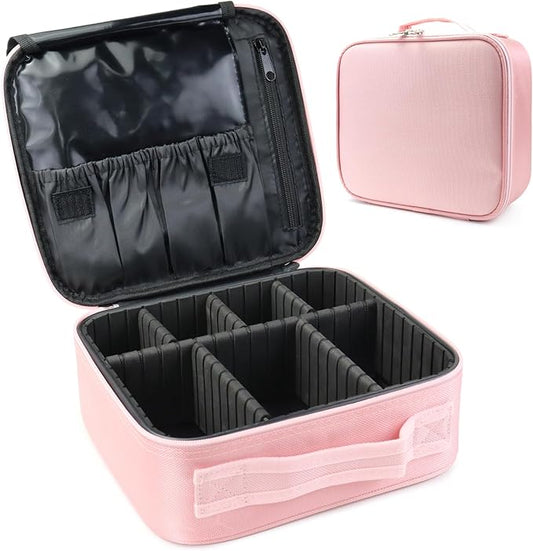 Travel Makeup Bag Makeup Cosmetic Train Case Organizer Portable Storage Bag with Adjustable Dividers for Cosmetics Makeup Brushes Toiletry Jewelry Pink