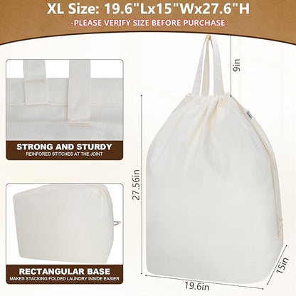 Canvas Laundry Bags with Handles & Rectangular Base, 90L Extra Large Heavy Duty Laundry Basket Hamper Liner Replacement, Washable Cotton Drawstring Dirty Clothes Bag