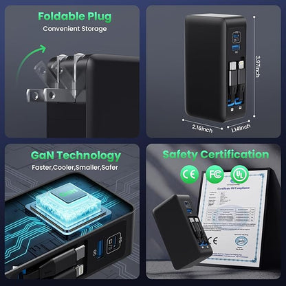 120W USB C Charger Block with 2 Built-in Retractable Cables,4-in-1 GaN IV Foldable Plug Wall Charger Fast Charging Station,PD 65W Laptop Adapter for MacBook/iPad,iPhone 16/15/14,Android (Black)