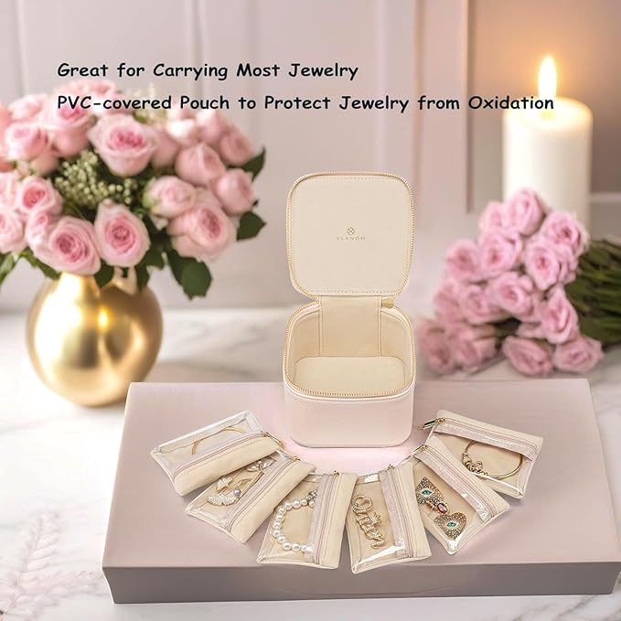 Vlando Travel Jewelry Box Organizer - 6 Small Velvet Zipped Pouches Pockets for Jewelries Necklaces Rings Earrings Sorting Storage, Rosy Mauve