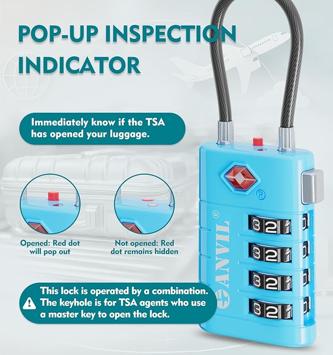 ANVIL 4 Digit Luggage Locks, TSA Locks for Luggage, Advanced TSA008 core, Alert Indicator for Your Travel Lock, Suitcase Lock. (4, Blue)