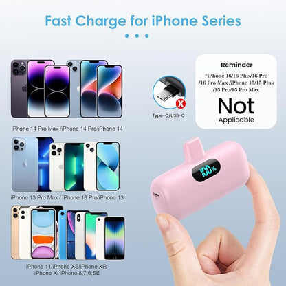 Mini Portable Charger for iPhone,Upgraded 5000mAh PD Fast Charging Battery Pack,LCD Display Cute Power Bank Portable Phone Charger for iPhone 14/14 Pro Max/13/13 Pro/12 Pro/11/XS/XR/X/8/7/6-Pink
