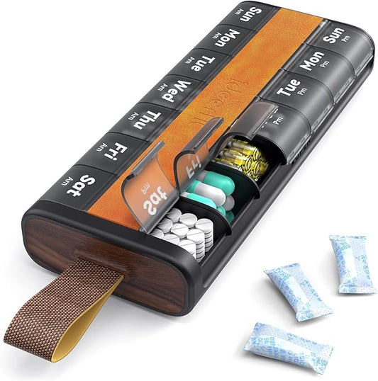Weekly AM PM Pill Organizer 2 Times a Day, Large 7 Day Medicine Case with Leather Cover & Built-in Desiccant, Moisture-Proof Pill Box for Daily Medication, Vitamins & Supplements
