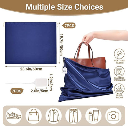 Ewen 7pcs Satin Shoe Bag Dustproof, 23.6x19.6in Dust Bags for Handbags with Drawstring Blank Tags, Travel Essentials Large Packing Bag, Dark Blue Purse Shoes Clothes Organizer for Closet Home Storage