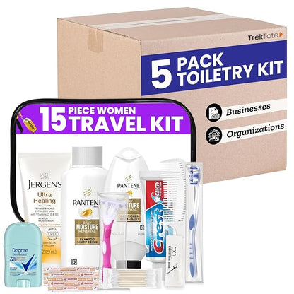 Trektote Bulk Hygiene Kit For Women – (5 Pack) 15 Piece Set – Featuring Top Trusted Brands, TSA Compliant, Bulk Travel Essentials, Includes Shampoo And Conditioner, Body Wash, Toiletry Bag & More