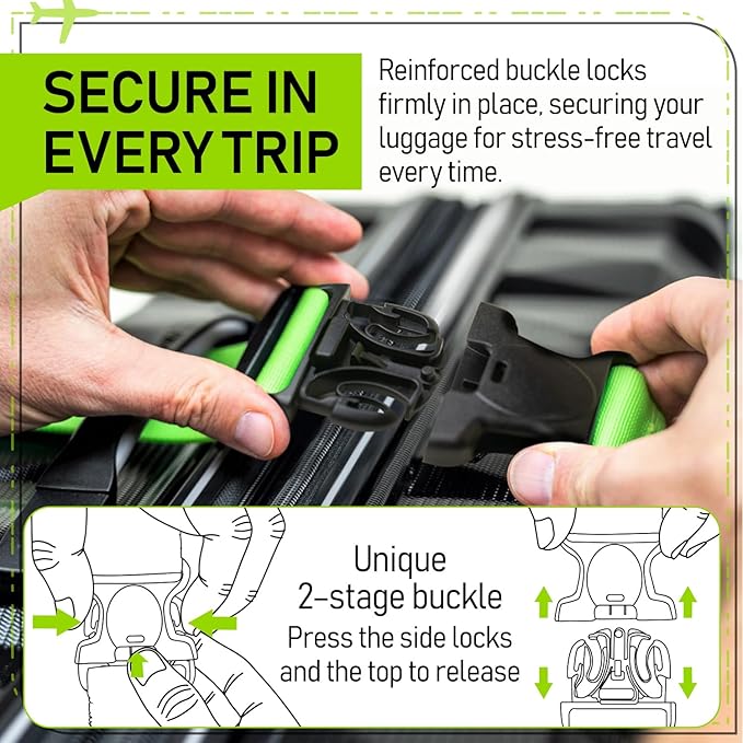 Untethered Ultimate Travel Set: 4 Premium Luggage Straps and 4 Silicone Tags - Secure & Identify Your Bags with Ease (Green + Tags)