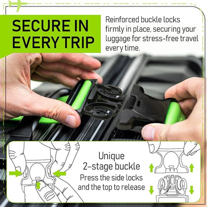 Untethered Ultimate Travel Set: 4 Premium Luggage Straps and 4 Silicone Tags - Secure & Identify Your Bags with Ease (Green + Tags)