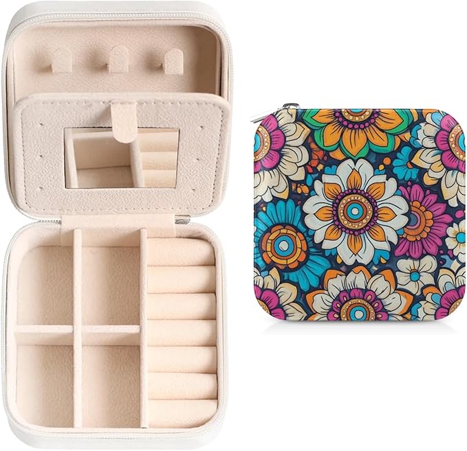 Bohemian Flower Leather Jewelry Box, Retro Mini Travel Jewelry Case Organizer, Jewelry Organizers and Storage with Mirror, Christmas and Birthday Present for Women's and Girls