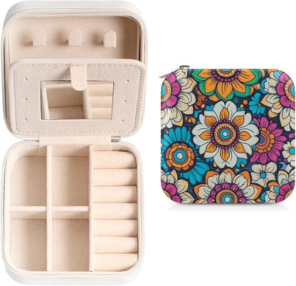 Bohemian Flower Leather Jewelry Box, Retro Mini Travel Jewelry Case Organizer, Jewelry Organizers and Storage with Mirror, Christmas and Birthday Present for Women's and Girls