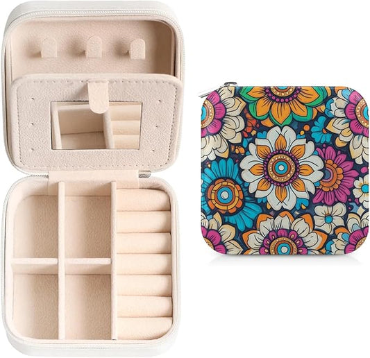 Bohemian Flower Leather Jewelry Box, Retro Mini Travel Jewelry Case Organizer, Jewelry Organizers and Storage with Mirror, Christmas and Birthday Present for Women's and Girls