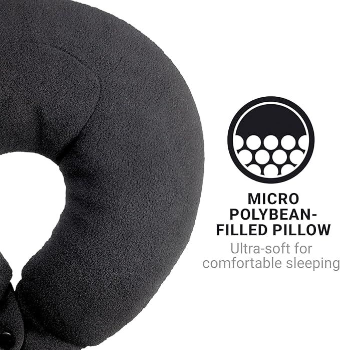 Classic Bean Sleeper, Comfortable Travel Pillow Filled with Micro Polybeans, Neck Pillow for Uninterrupted Sleep, Ideal for Airplane, Bus, Car, and Train, Travel Essentials, Black