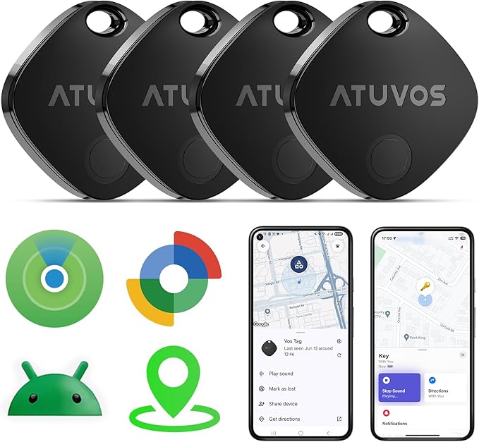 ATUVOS 2025 New Upgraded Dual System Air Tracker Tags-4 Pack, Compatible with iOS Apple Find My & Android Google Find Hub APP (Not for Huawei), Bluetooth Tracker for Keys, Luggage, Backpack, Suitcases
