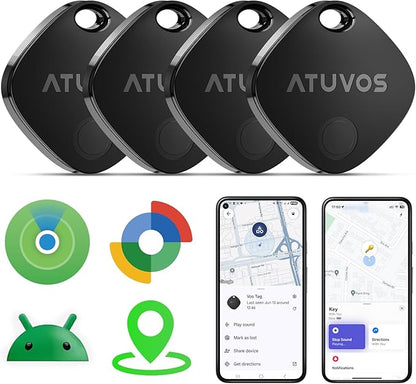 ATUVOS 2025 New Upgraded Dual System Air Tracker Tags-4 Pack, Compatible with iOS Apple Find My & Android Google Find Hub APP (Not for Huawei), Bluetooth Tracker for Keys, Luggage, Backpack, Suitcases