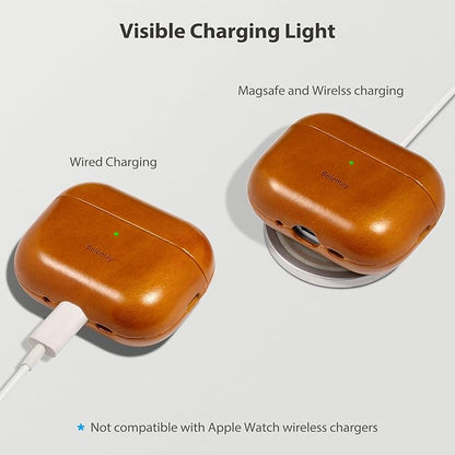 Belemay Handcrafted Oil-Waxed Leather Case for AirPods Pro 3rd Gen (2025), Genuine Cowhide, Smooth Glossy Lively Two-Tone Patina, Compatible with MagSafe, Compatible with Airpods Pro 3, Amber Brown