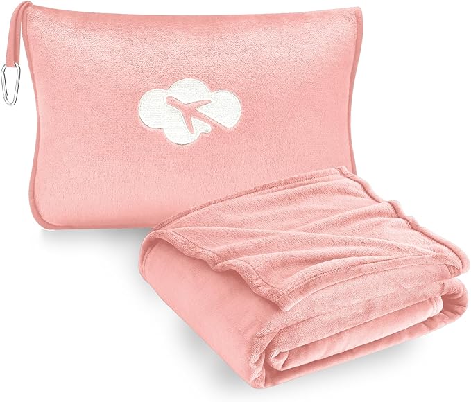 Travel Blanket and Pillow Compact, Premium Soft 2 in 1 Airplane Blanket with Soft Bag Pillowcase，Hand Luggage Sleeve and Backpack Clip (Solid Pink)