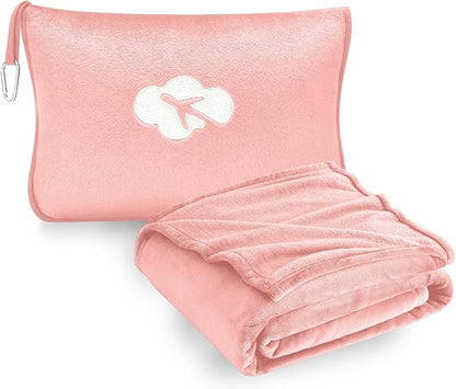Travel Blanket and Pillow Compact, Premium Soft 2 in 1 Airplane Blanket with Soft Bag Pillowcase，Hand Luggage Sleeve and Backpack Clip (Solid Pink)