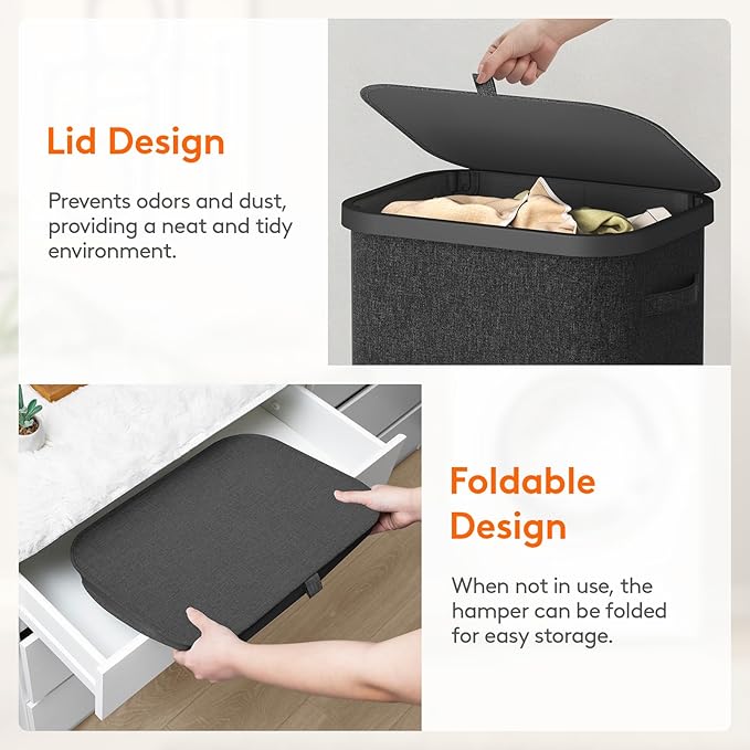 Lifewit 105L Laundry Basket with Lid, Large Laundry Hamper with Plastic Handles and Removable Bag, Foldable Tall Dirty Clothes Hampers for Laundry for Laundry Room, Bedroom, Bathroom, Dorm, Dark Gray