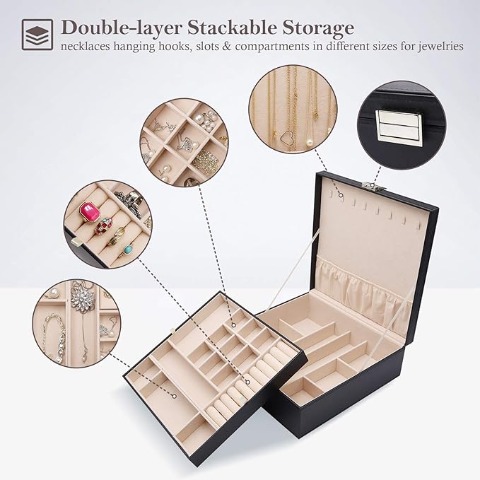ProCase Jewelry Box for Women, 2 Layers Large Leather Jewelry Organizer Storage Case with Removable Pad for Earrings -Black