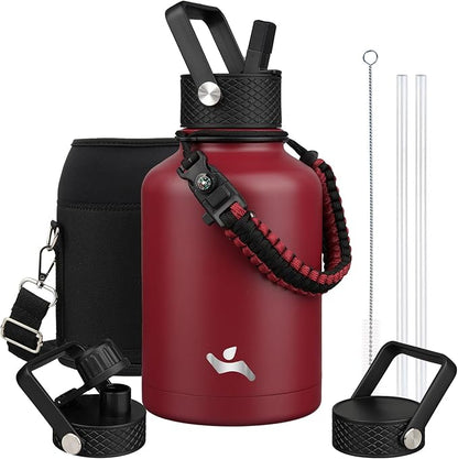 Insulated Water Bottle with Straw,50 oz 3 Lids Water Jug with Carrying Bag,Paracord Handle,Double Wall Vacuum Stainless Steel Metal Flask,Dark Red