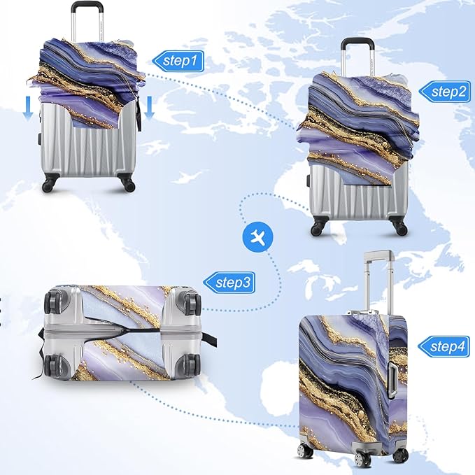 FOREVER QUEEN Luxury Golden Purple Marble Luggage Cover Suitcase Protector Suitcase Cover Anti-Scratch,Stretchable Bag Cover Washable Durable Polyester