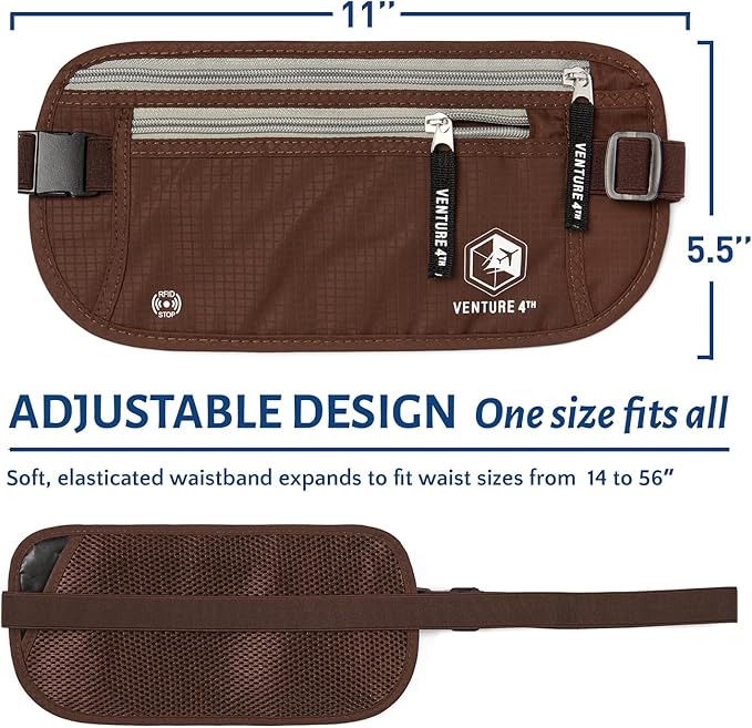 VENTURE 4TH Travel Money Belt - Slim Passport Holder RFID Blocking Travel Pouch to Protect Cash, Credit Cards and Travel Documents (Brown)