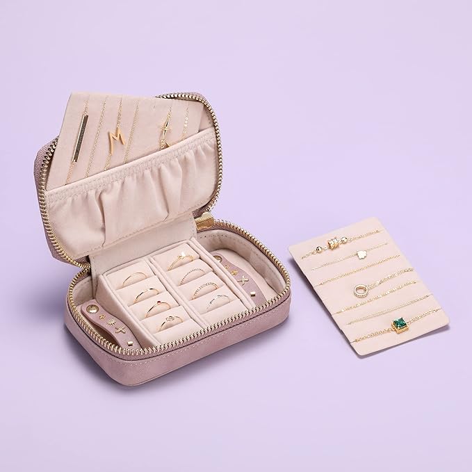HISCOW Vegan Leather Travel Jewelry Case with Zipper - Portable Necklace & Earring Holder Organizer for Women Girls, Velvet-Lined Ring Box with Anti-Tarnish Design, Grayish Purple