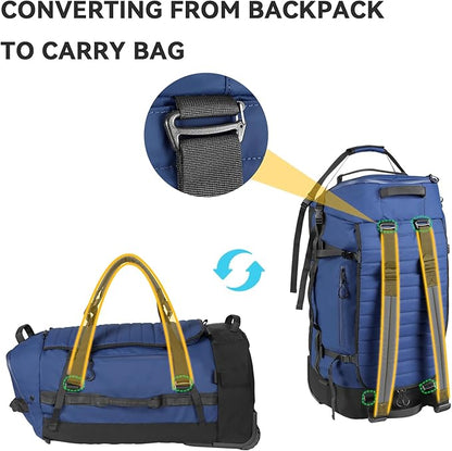 85L 29“ Foldable Rolling Backpack with Wheels, Soft-Side Travel Duffle Bag with Separate Shoe Compartment, Full Quilted Bottom, Navy Blue