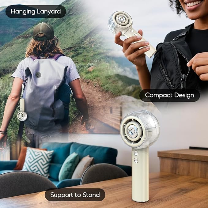Misting Portable Handheld Fan, Powerful Turbo Motor, 6000mAh Rechargeable Battery, Personal Mini Fans with 4 Strong Wind, Cooling Gadgets for Travel, Camping, Beach, Outdoor, Gifts for Women Men-Ivory