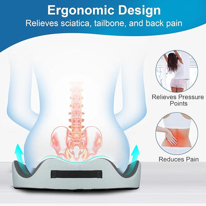 PilloVive Memory Foam Seat Cushion for Office Chairs & Car Seat - Ergonomic Office Desk Seat Cushion- Doctor Recommended for Tailbone & Sciatica Pain Relief & Back Support(Grey/White)