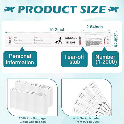 2000 Pcs Paper Hotel Luggage Tags with Transfer Tape On Back Luggage Tags Bulk Black Baggage Claim Check Tags Serial Numbering Claim Ticket Baggage Identification for Suitcase Motel Bag Storage
