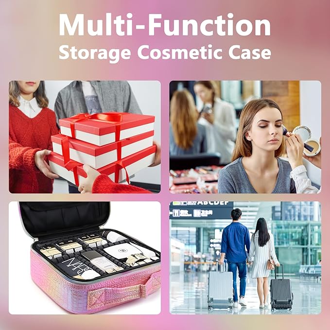Travel Makeup Case 3 Layers Portable Makeup Train Case Cosmetic Bag Organizer Storage for Women with Adjustable Dividers and Shoulder Strap for Toiletry Travel Accessories(pink)