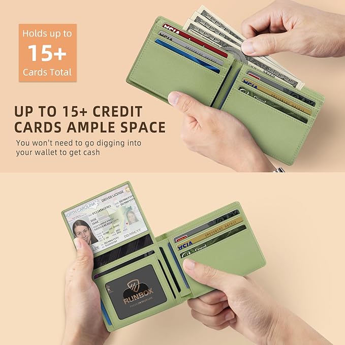 RUNBOX Wallet for Men Slim Rfid Leather 2 ID Window With Gift Box