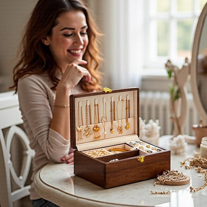 Wooden Jewelry Box For Women Jewelry Organizer Box With Lock 2 Layer Jewelry Holder Organizer For Necklace Ring Earring