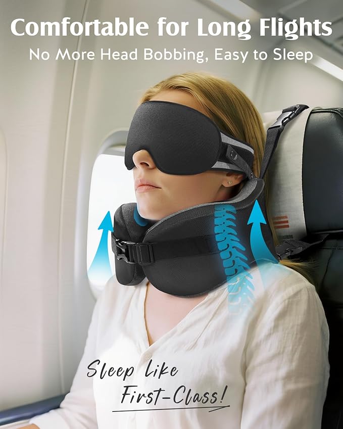 YFONG Travel Pillow for Long Flight Airplanes, Head Strap Combo with 3D Contoured Eye Mask for Sleep, Neck Pillow for Car Trip Essential, 360° Support Memory Foam Headrest, Prevent Head Bobbing, Black