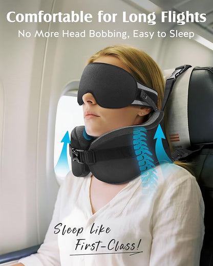 YFONG Travel Pillow for Long Flight Airplanes, Head Strap Combo with 3D Contoured Eye Mask for Sleep, Neck Pillow for Car Trip Essential, 360° Support Memory Foam Headrest, Prevent Head Bobbing, Black