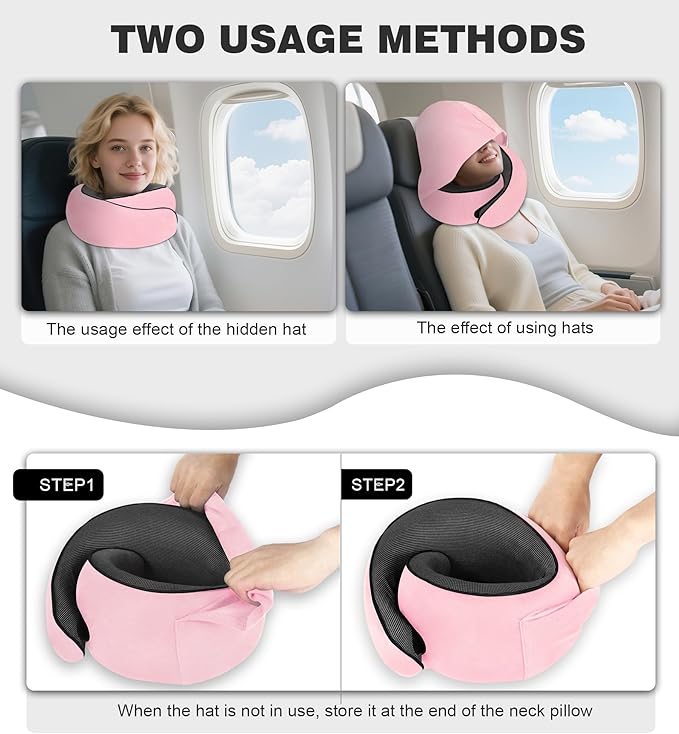 Travel Neck Pillow, Newly Upgraded Hooded Neck Pillow ,100% Pure Memory Foam Travel Pillow for Flight Headrest Sleep,Windproof and heat preservation,Suitable for use in Outdoor/ Plane/Car/Office