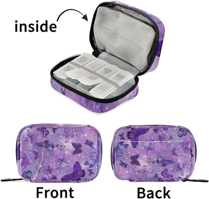 Pink Cute Butterflies and Stars Travel Pill Organizer Case Box Container Weekly Portable Vitamin Medicine Holder Storage Bag with Zipper Removable