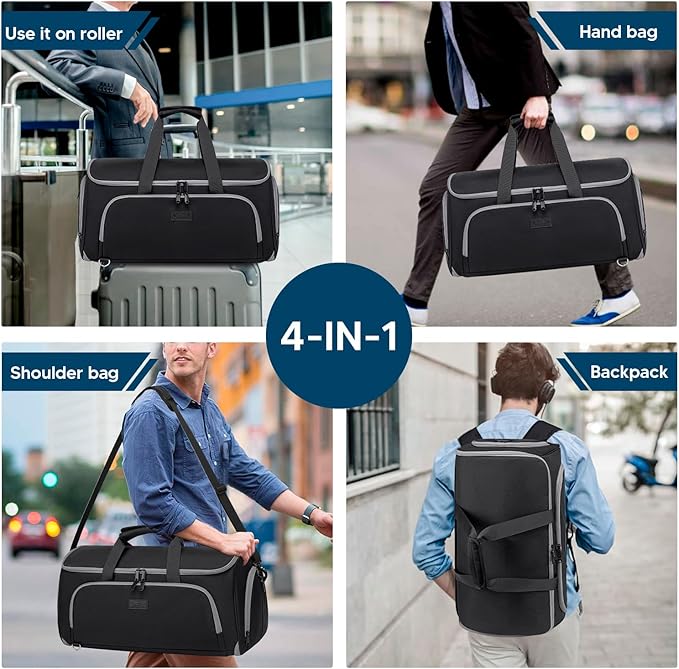 Convertible Garment Bags for Travel, 4 in 1 Duffle Bag for Travel 58L Capacity Carry on Garment Bag with Shoes Compartment Travel Garment Bag with Shoulder Straps Suit Bag for Men Women,Black