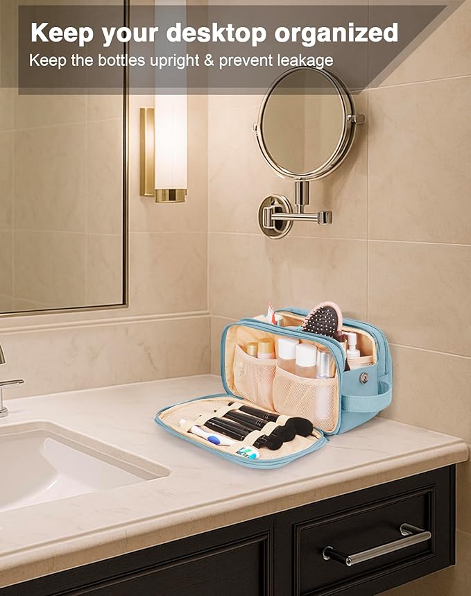 Toiletry Bag for Men & Women, Cruise Ship Travel Essentials, Shaving Dopp Kit with Dry and Wet Separation, Water-resistant Bathroom Cosmetic Organizer Bag, Makeup Accessories with Trolley Belt, Blue