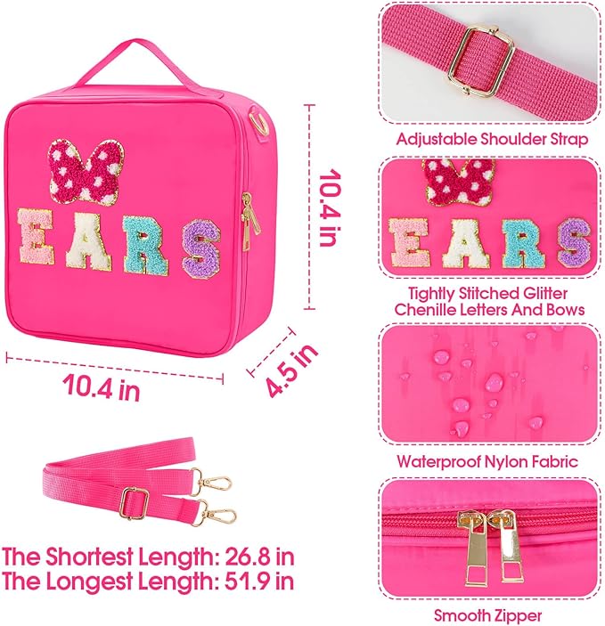 Chenille Letter Bow Mouse Ears Travel Case, Park Ears Headband Holder Hair Accessories Organizer Bag for Girls Women Kids Adults, Large Makeup Bag Snack Bags with Zipper for Travel Picnic - Rose Red