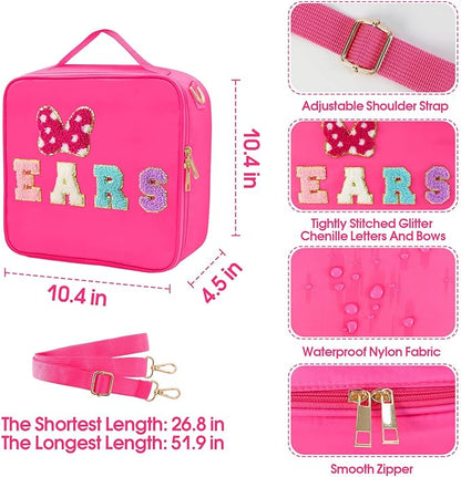 Chenille Letter Bow Mouse Ears Travel Case, Park Ears Headband Holder Hair Accessories Organizer Bag for Girls Women Kids Adults, Large Makeup Bag Snack Bags with Zipper for Travel Picnic - Rose Red