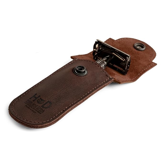 Hide & Drink, Double Edge Protector Case, Barber Razor Sheath, Safety Cover, Travel and Commuter Essentials, Portable Carry Bag, Vintage, Full Grain Leather, Handmade, Bourbon Brown