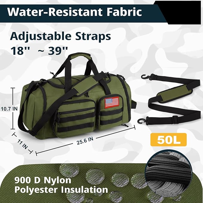 Tactical Gym Bag for Men，50L Large 3 in 1 Sports Duffle Bag with Shoes Compartment for Travel,Water Resistant Travel Backpack Weekender Overnight Bag with Wet Pocket for Women