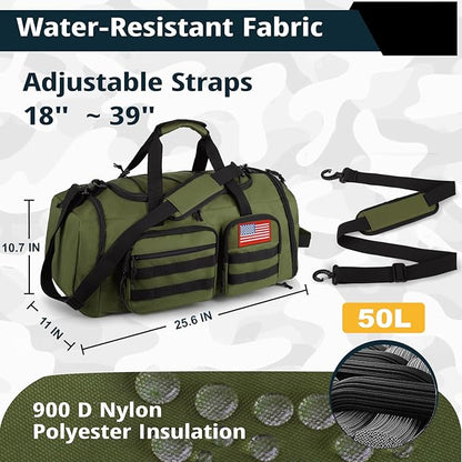 Tactical Gym Bag for Men，50L Large 3 in 1 Sports Duffle Bag with Shoes Compartment for Travel,Water Resistant Travel Backpack Weekender Overnight Bag with Wet Pocket for Women