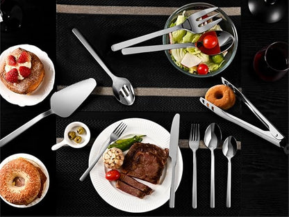 KINGSTONE Silverware Set With Serving Utensils, 65 Piece Flatware for 12, 18/10 Cutlery With 5 Piece Serving Utensil Set - Modern and Original Design, Dishwasher Safe