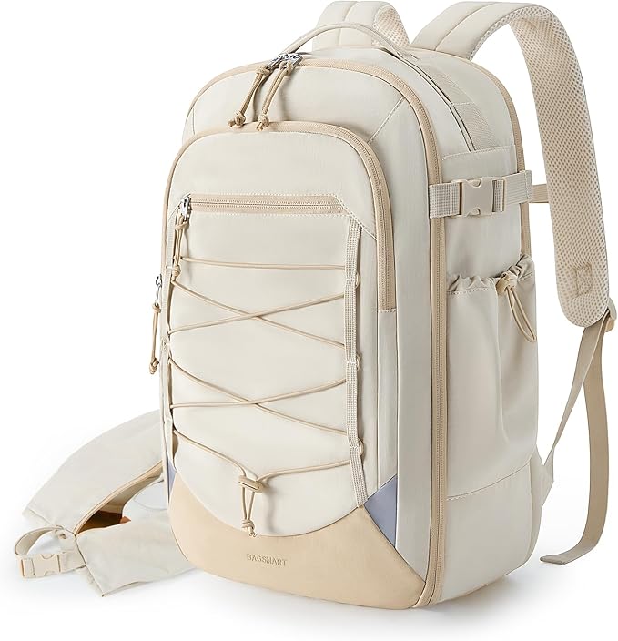 BAGSMART Carry On Travel Backpack, 17 Inch Large Travel backpack Carry On Flight Approved, Anti-theft Personal Item Backpack Travel Bag With Shoe Bag, 30L Water Resistant Casual Daypack, Beige