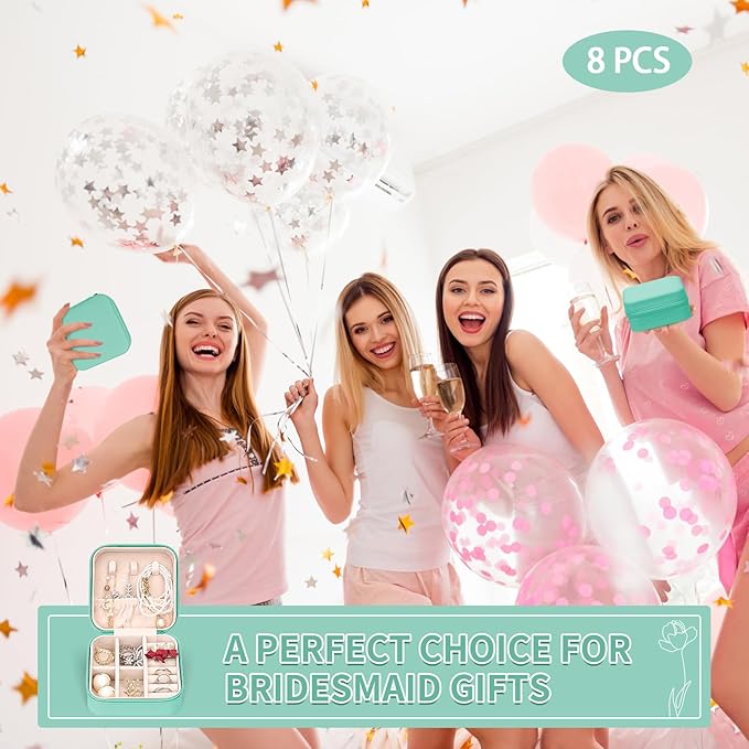 Leezmark 8 Pcs Jewelry Travel Case, Bridesmaid Gifts Set Of 6 & 8, Velvet Jewelry Travel Organizer Small Jewelry Box Bridesmaid Proposal Gifts Box Mini Storage Organizer Storage Box, Aquamarine